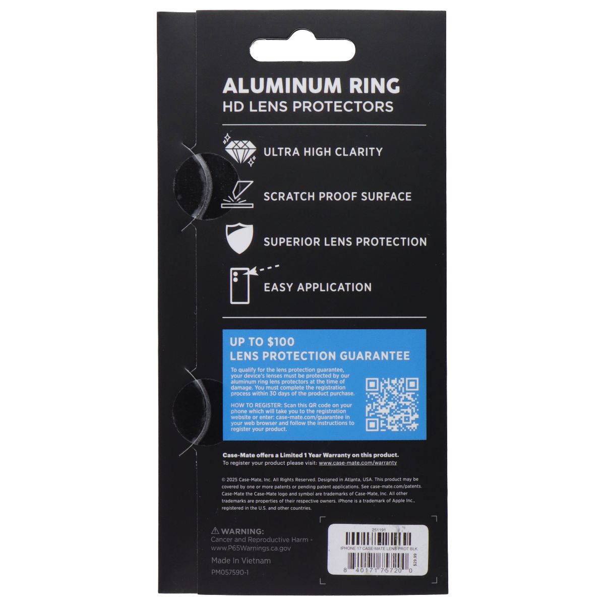 Case-Mate Aluminum Ring HD Double Tempered Lens Protectors for iPhone 17 - Black