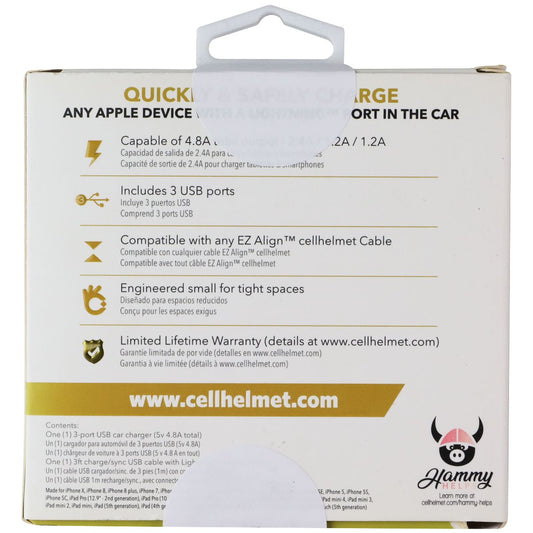 CellHelmet 3 Port USB 5V/4.8A Car Charger with 8-Pin Cable - White Cell Phone - Chargers & Cradles CellHelmet - Simple Cell Bulk Wholesale Pricing - USA Seller
