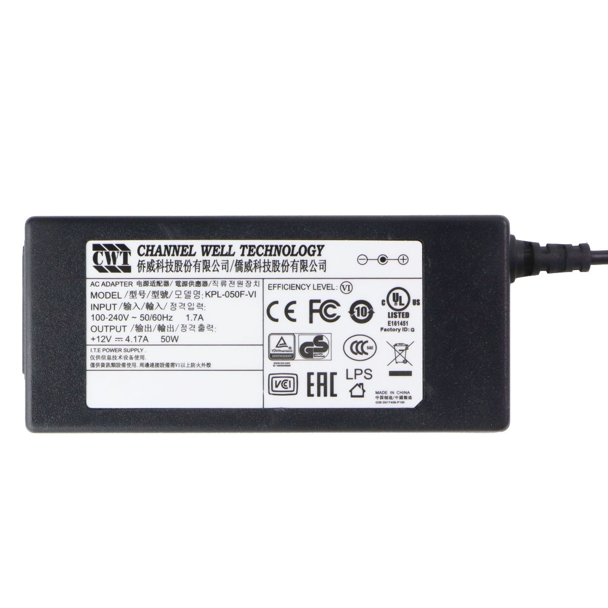 Channel Well (12V/4.17A) 50W AC Adapter - Black (KPL-050F-VI) Multipurpose Batteries & Power - Multipurpose AC to DC Adapters Channel Well Tech - Simple Cell Bulk Wholesale Pricing - USA Seller
