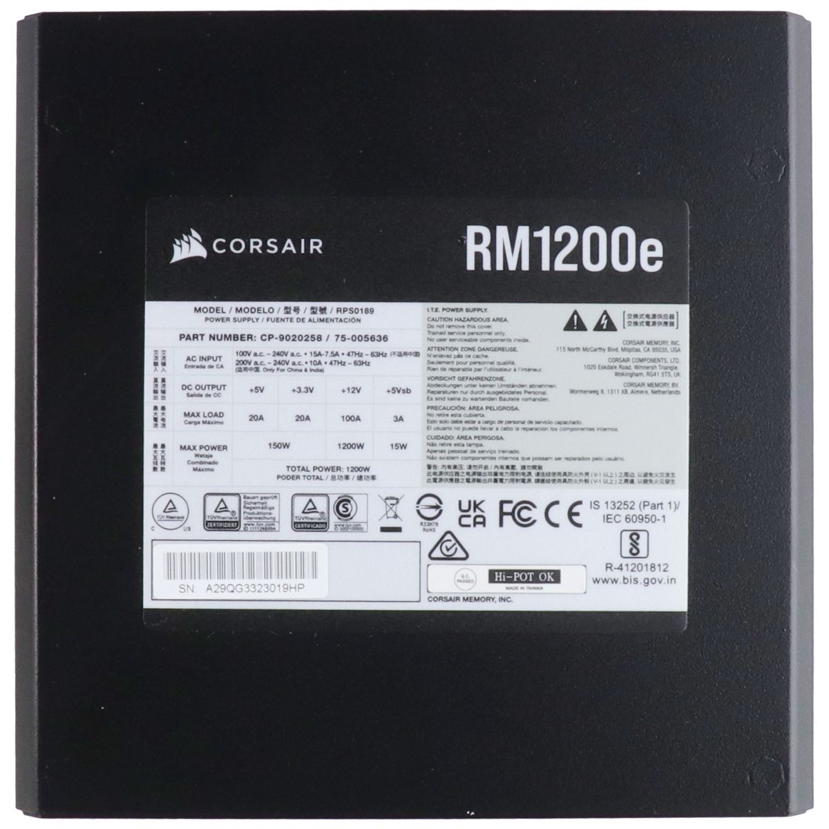 Corsair RM1200e 1200W I.T.E. POWER SUPPLY (RPS0189) - Black