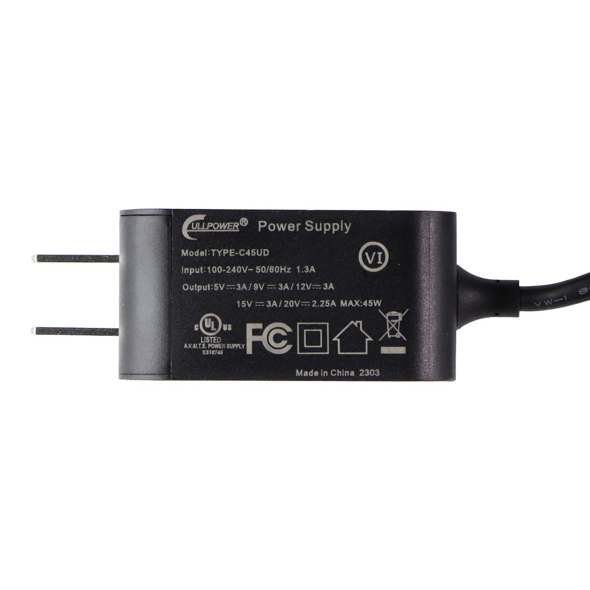 CullPower 5V/3A Corded USB-C Wall Charger (TYPE-C45UD) - Black Parts & Accessories - Chargers & Cradles Cullpower    - Simple Cell Bulk Wholesale Pricing - USA Seller