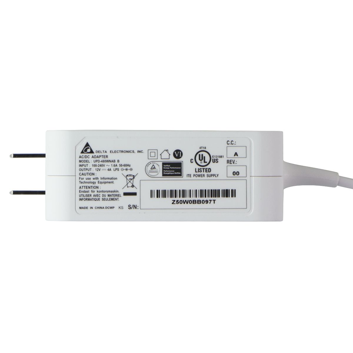 Delta 12V/4A AC/DC Adapter (UPD-480WNAB B) - White Multipurpose Batteries & Power - Multipurpose AC to DC Adapters Delta - Simple Cell Bulk Wholesale Pricing - USA Seller