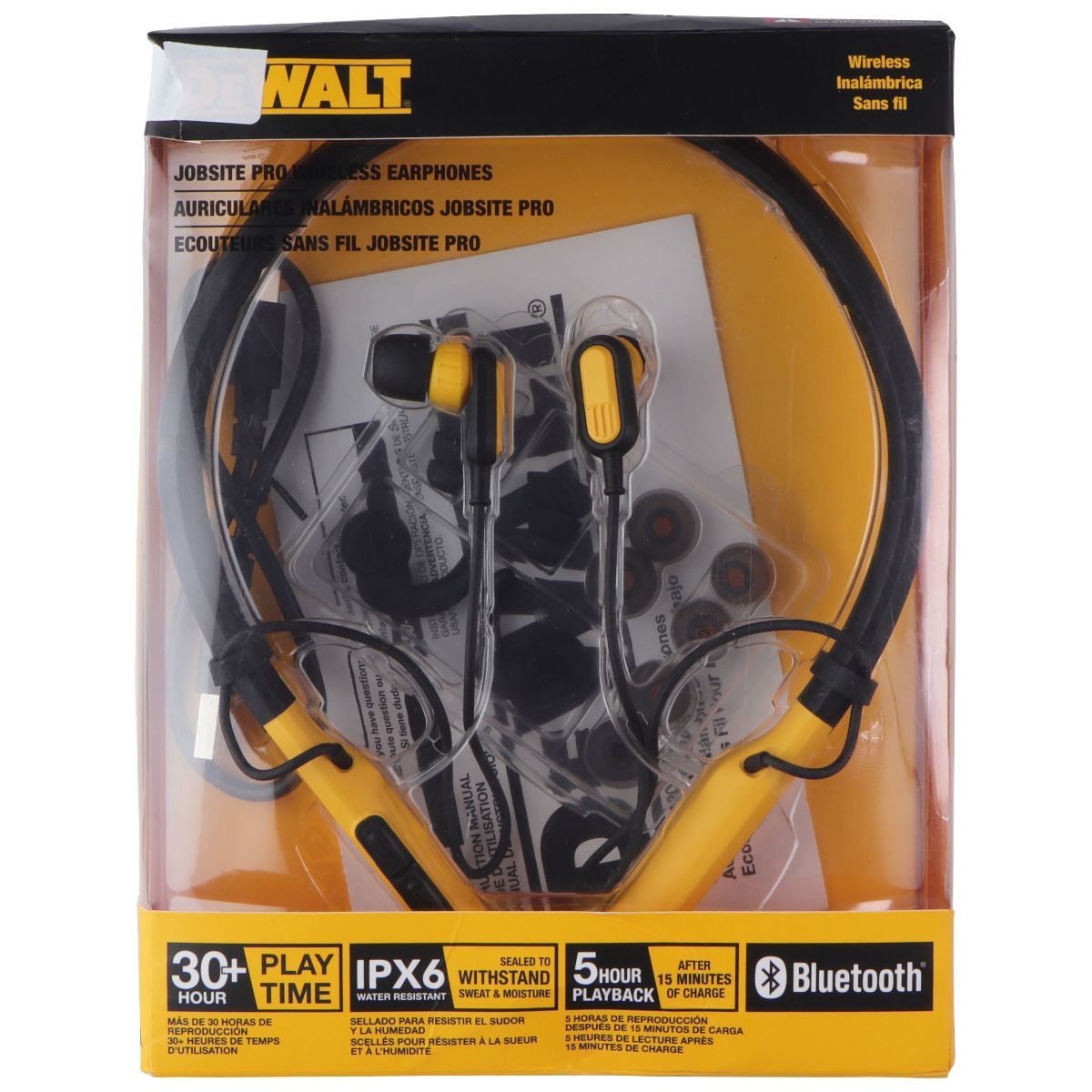 DeWalt Jobsite Pro Wireless Bluetooth IPX6 Earphones - Black/Yellow Portable Audio - Headphones Dewalt - Simple Cell Bulk Wholesale Pricing - USA Seller