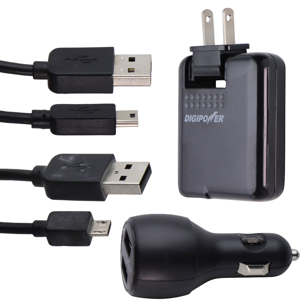 DigiPower Dual Port USB Kit (Wall & Car Adapter) - Mini-USB-B & Micro-USB