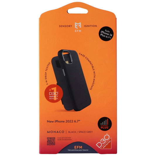 EFM Monaco Wallet Folio Case for MagSafe for Apple iPhone 14 Plus - Black/Gray