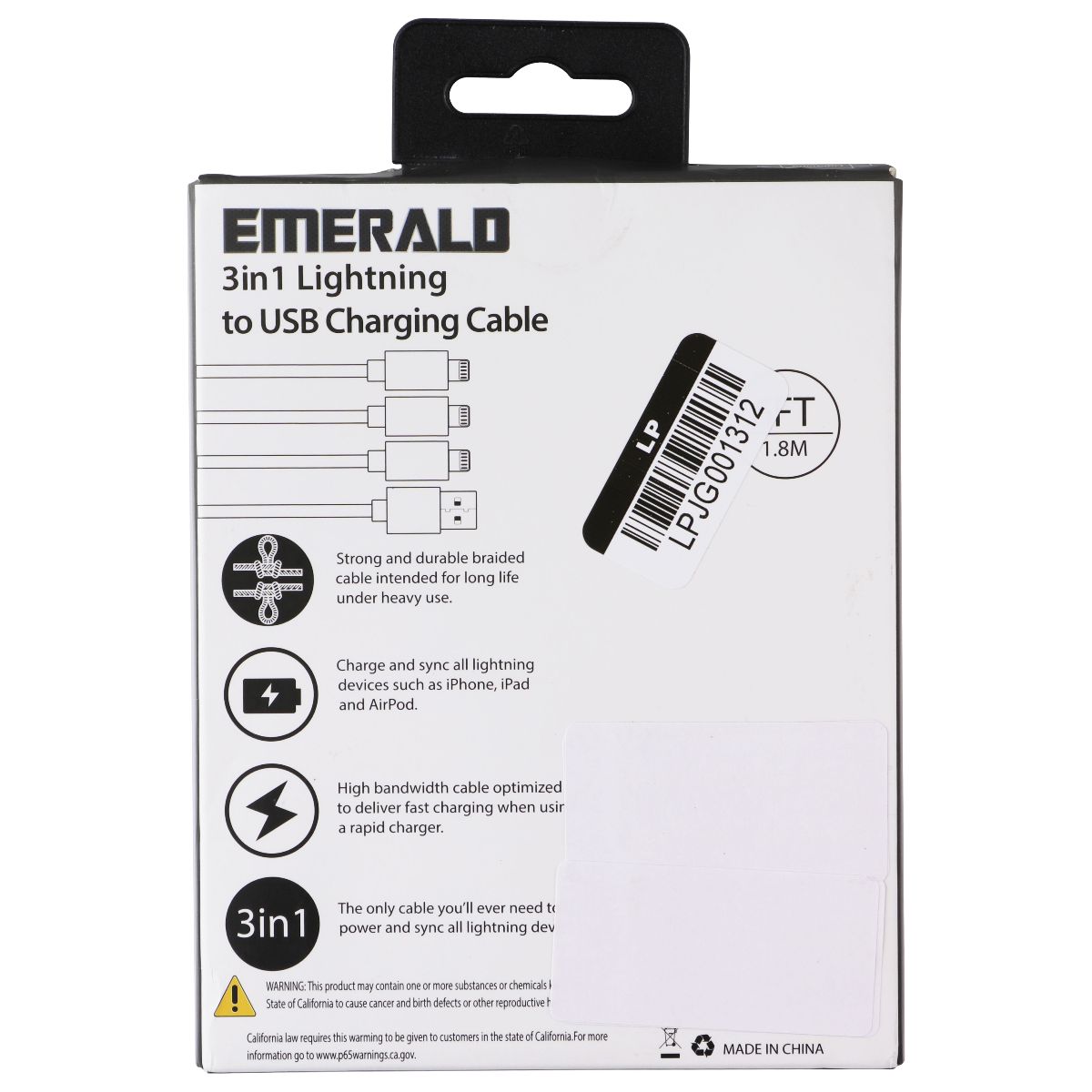 Emerald 6-Foot Braided 3-in-1 Lightning 8-Pin to USB-A Charging Cable - Black
