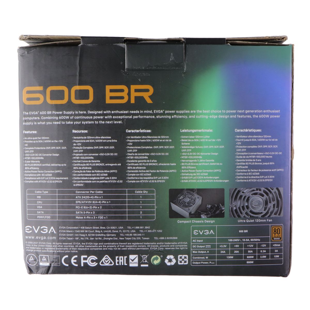 EVGA 600W Bronze 600 BR Power Supply (100-BR-0600-K1) Computer Parts - Power Supplies EVGA - Simple Cell Bulk Wholesale Pricing - USA Seller