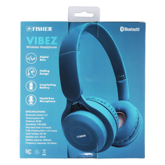 Fisher Vibez Wireless Folding Headphones with Built in Microphone - Blue Portable Audio - Headphones Fisher - Simple Cell Bulk Wholesale Pricing - USA Seller