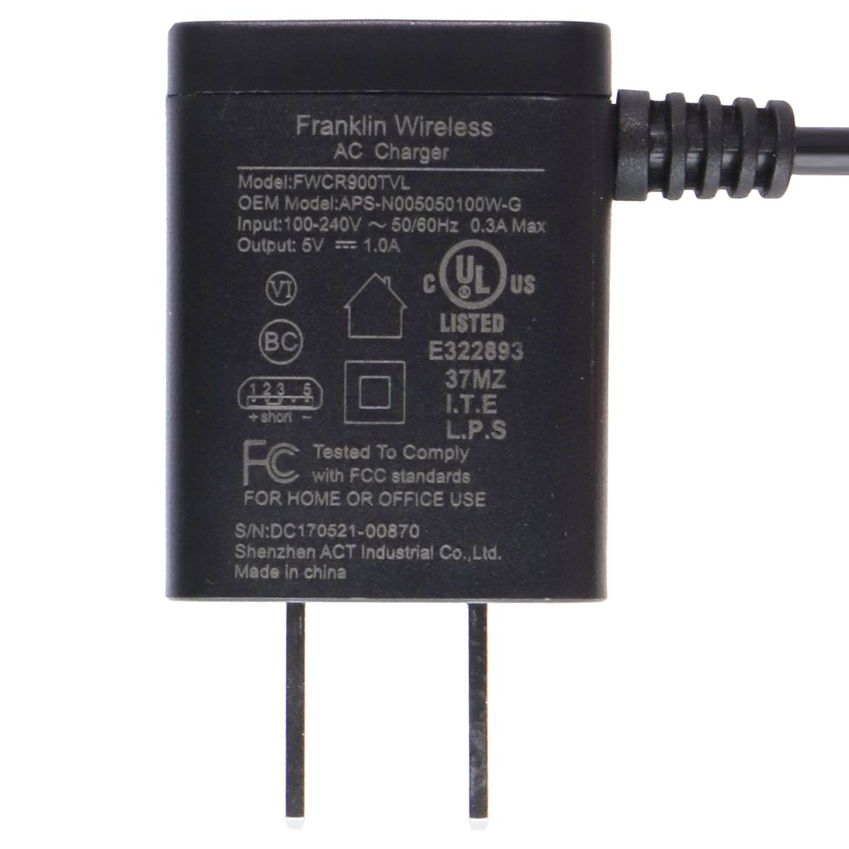 Franklin Wireless (5V/1A) Corded Travel charger w/ Micro-USB - Black FWCR900TVL Cell Phone - Chargers & Cradles Franklin Wireless - Simple Cell Bulk Wholesale Pricing - USA Seller