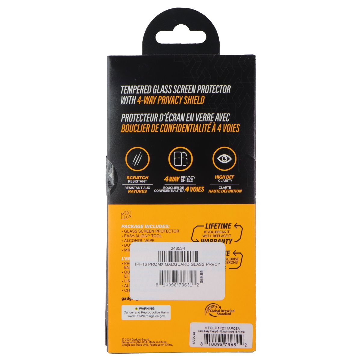 Gadget Guard - Glass with 4 Way Privacy - Screen Protector for iPhone 16 Pro Max Cell Phone - Screen Protectors Gadget Guard - Simple Cell Bulk Wholesale Pricing - USA Seller