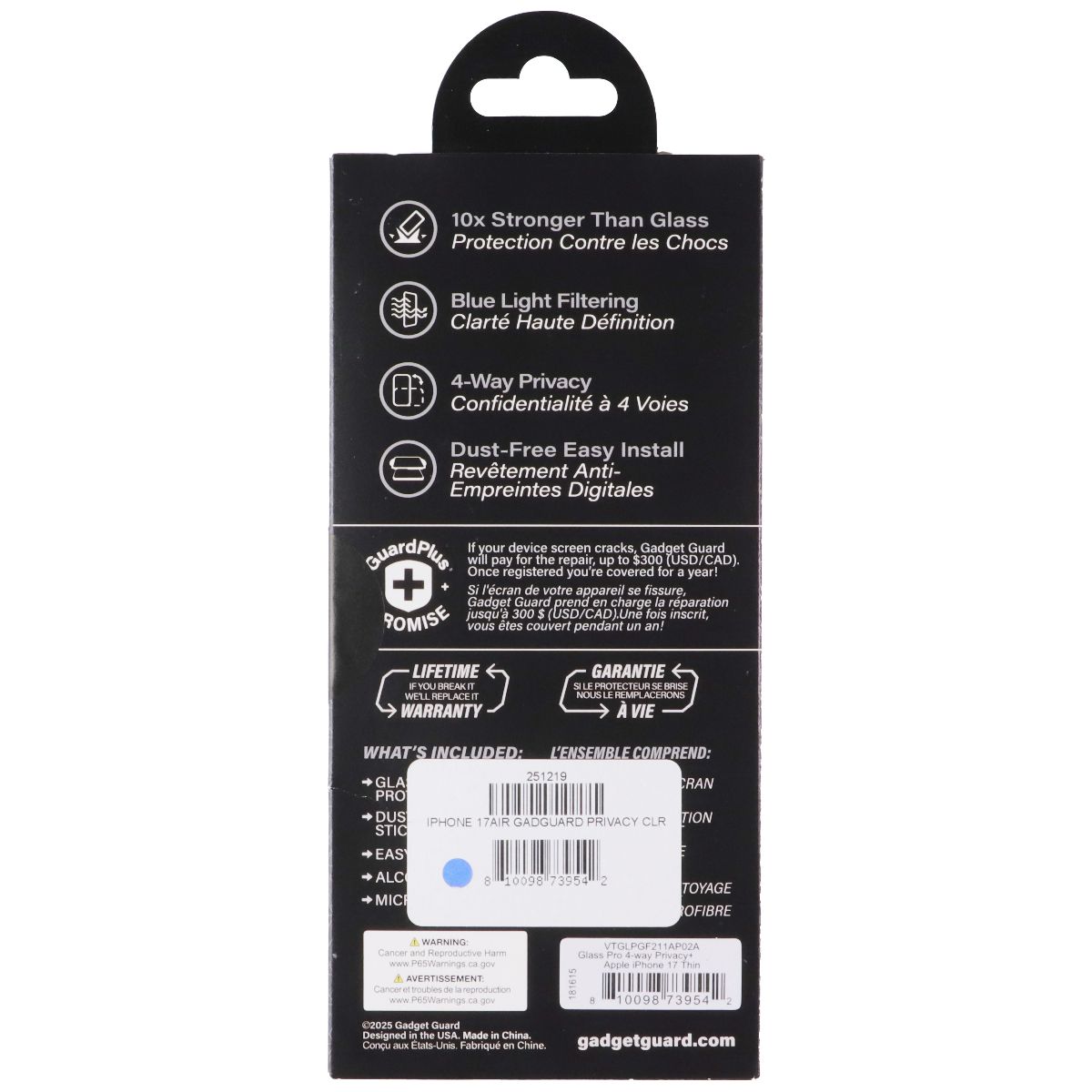 Gadget Guard Glass Pro Privacy Screen Protector for Apple iPhone 17 Air Cell Phone - Screen Protectors Gadget Guard - Simple Cell Bulk Wholesale Pricing - USA Seller