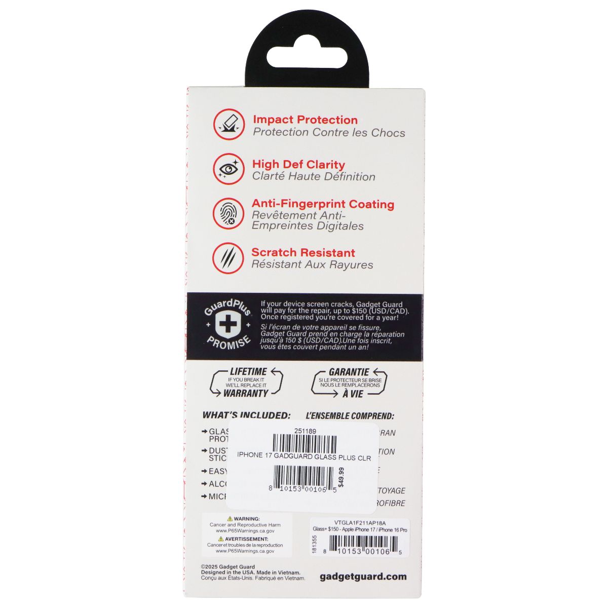 Gadget Guard Glass Screen Protector for Apple iPhone 17 / 16 Pro Cell Phone - Screen Protectors Gadget Guard - Simple Cell Bulk Wholesale Pricing - USA Seller