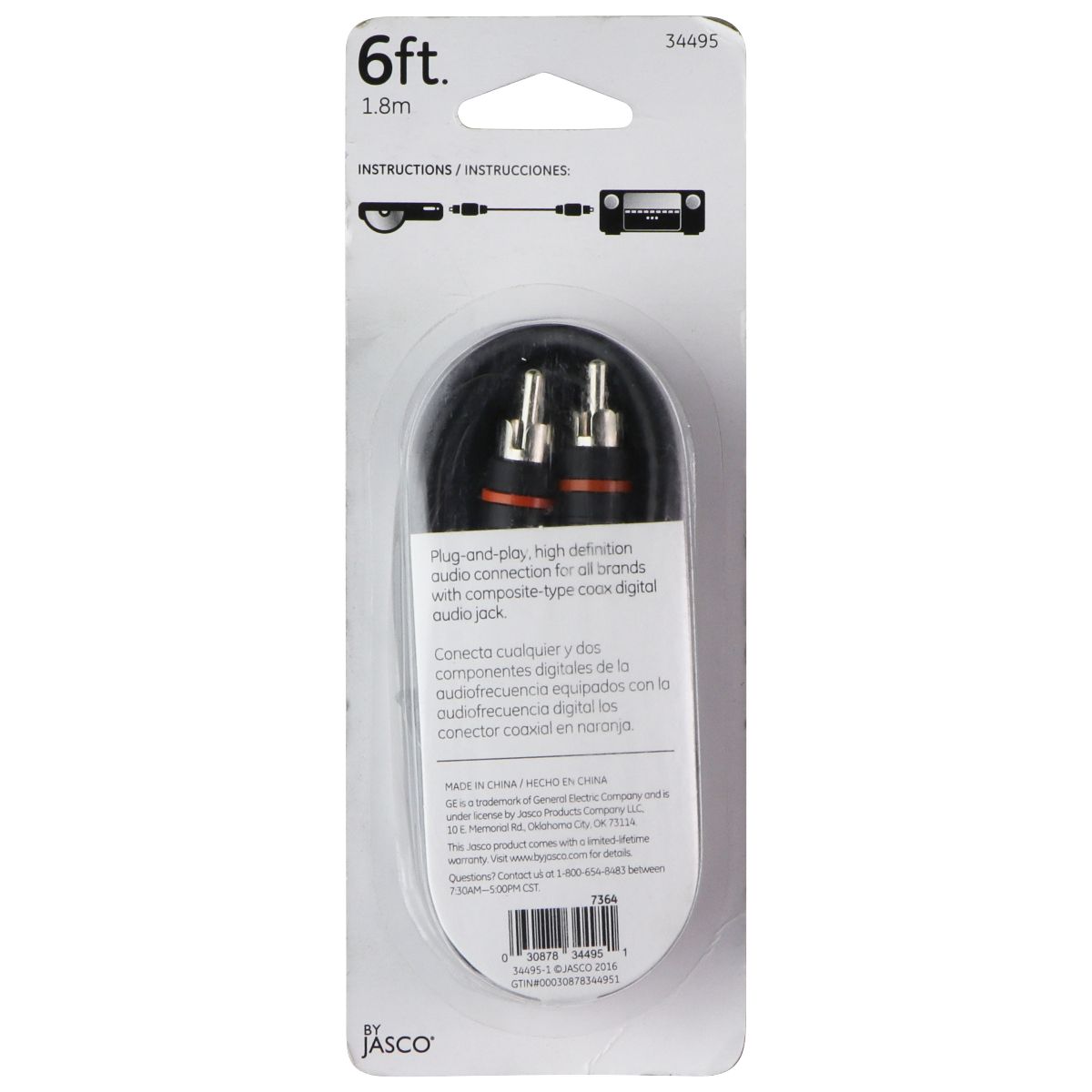 GE (6-Ft) Digital Audio Coax Cable - Black (34495) Computer/Network - Audio Cables & Adapters GE - Simple Cell Bulk Wholesale Pricing - USA Seller