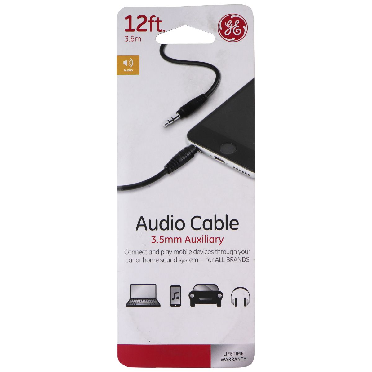 GE 3.5mm 12ft. AUX Audio Cable - Black Cell Phone - Cables & Adapters General Electric - Simple Cell Bulk Wholesale Pricing - USA Seller