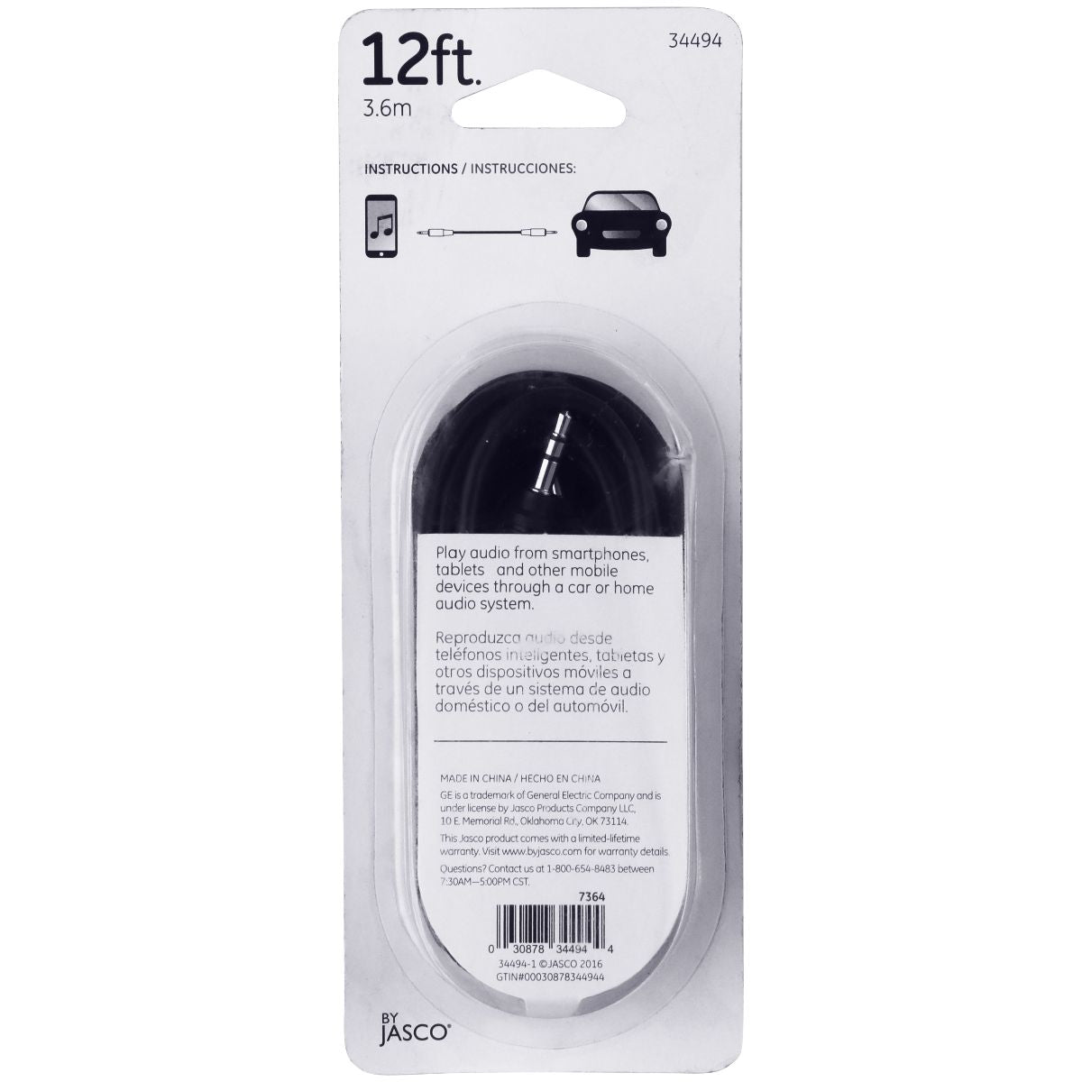 GE 3.5mm 12ft. AUX Audio Cable - Black Cell Phone - Cables & Adapters General Electric - Simple Cell Bulk Wholesale Pricing - USA Seller