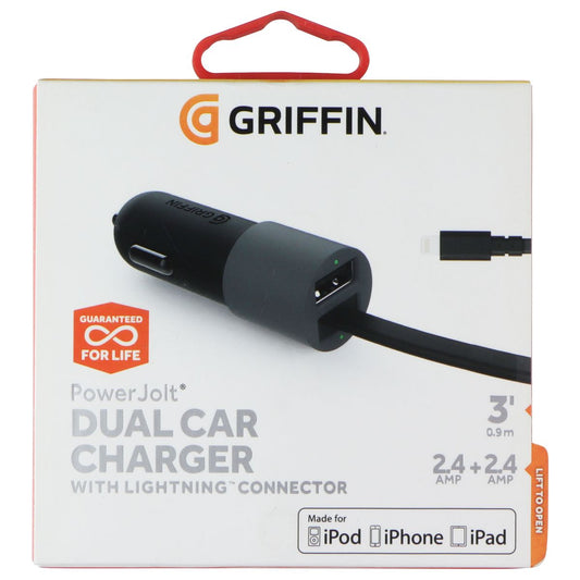 Griffin PowerJolt Dual Car Charger w/ Lightning 8-Pin Connector - Black / Gray Cell Phone - Chargers & Cradles Griffin - Simple Cell Bulk Wholesale Pricing - USA Seller