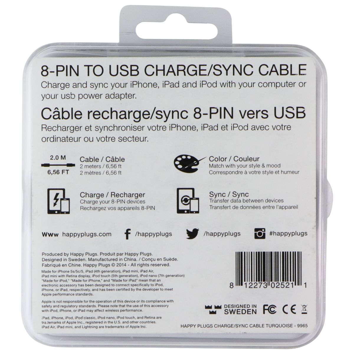 Happy Plugs (2M) 8-Pin to USB Charge/Sync Cable for Apple Devices - Turquoise Cell Phone - Cables & Adapters Happy Plugs - Simple Cell Bulk Wholesale Pricing - USA Seller