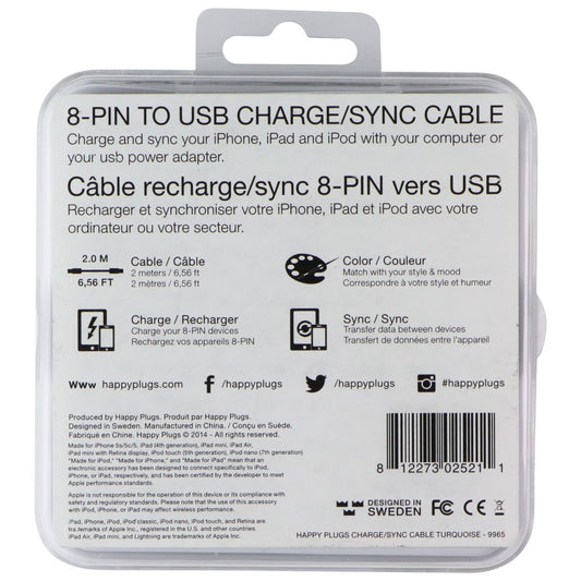 Happy Plugs (2M) 8-Pin to USB Charge/Sync Cable for Apple Devices - Turquoise