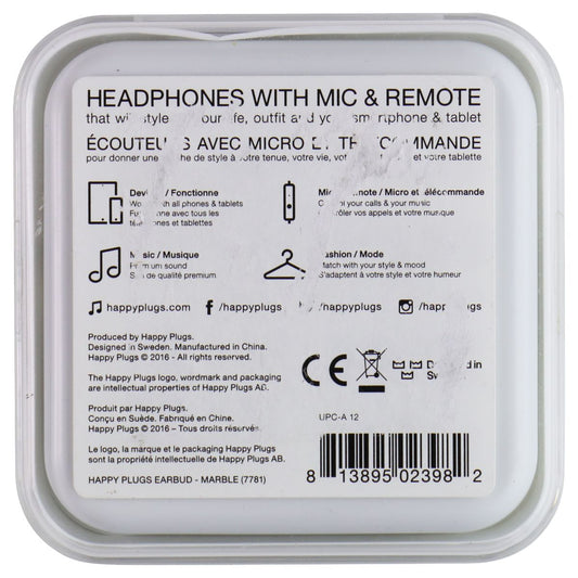Happy Plugs Unik Edition 3.5mm Wired Headphones w/Mic and Remote - Marble