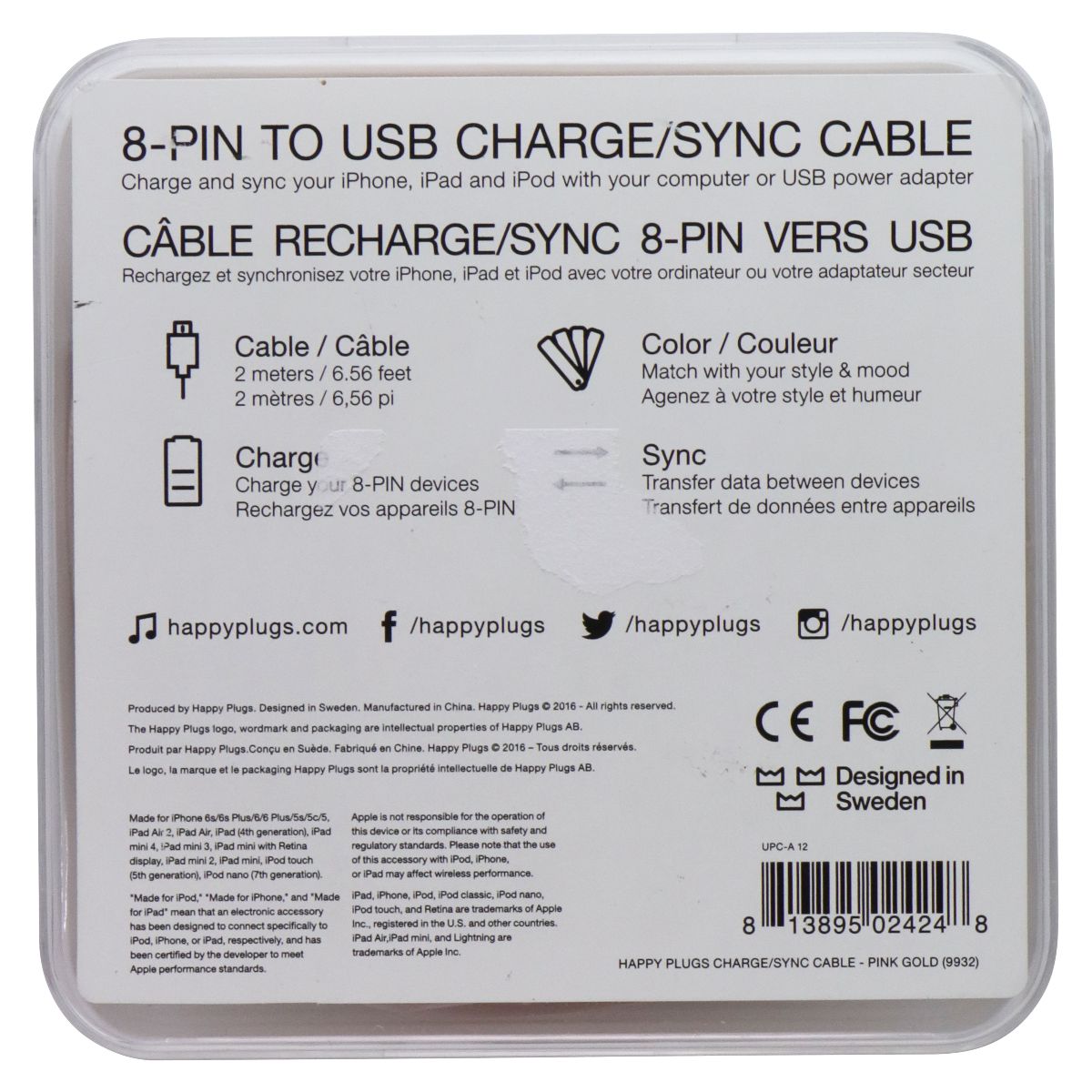 Happy Plugs (2m) Charge/Sync Cable - Lightning 8-Pin to USB-A - Pink Gold (9932) Cell Phone - Cables & Adapters Happy Plugs - Simple Cell Bulk Wholesale Pricing - USA Seller