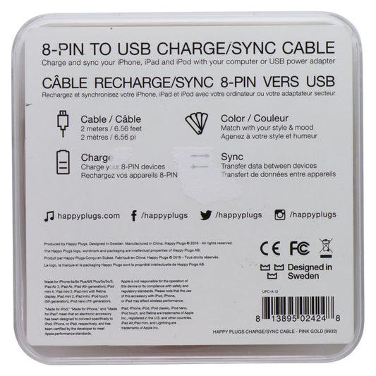 Happy Plugs (2m) Charge/Sync Cable - Lightning 8-Pin to USB-A - Pink Gold (9932) Cell Phone - Cables & Adapters Happy Plugs - Simple Cell Bulk Wholesale Pricing - USA Seller