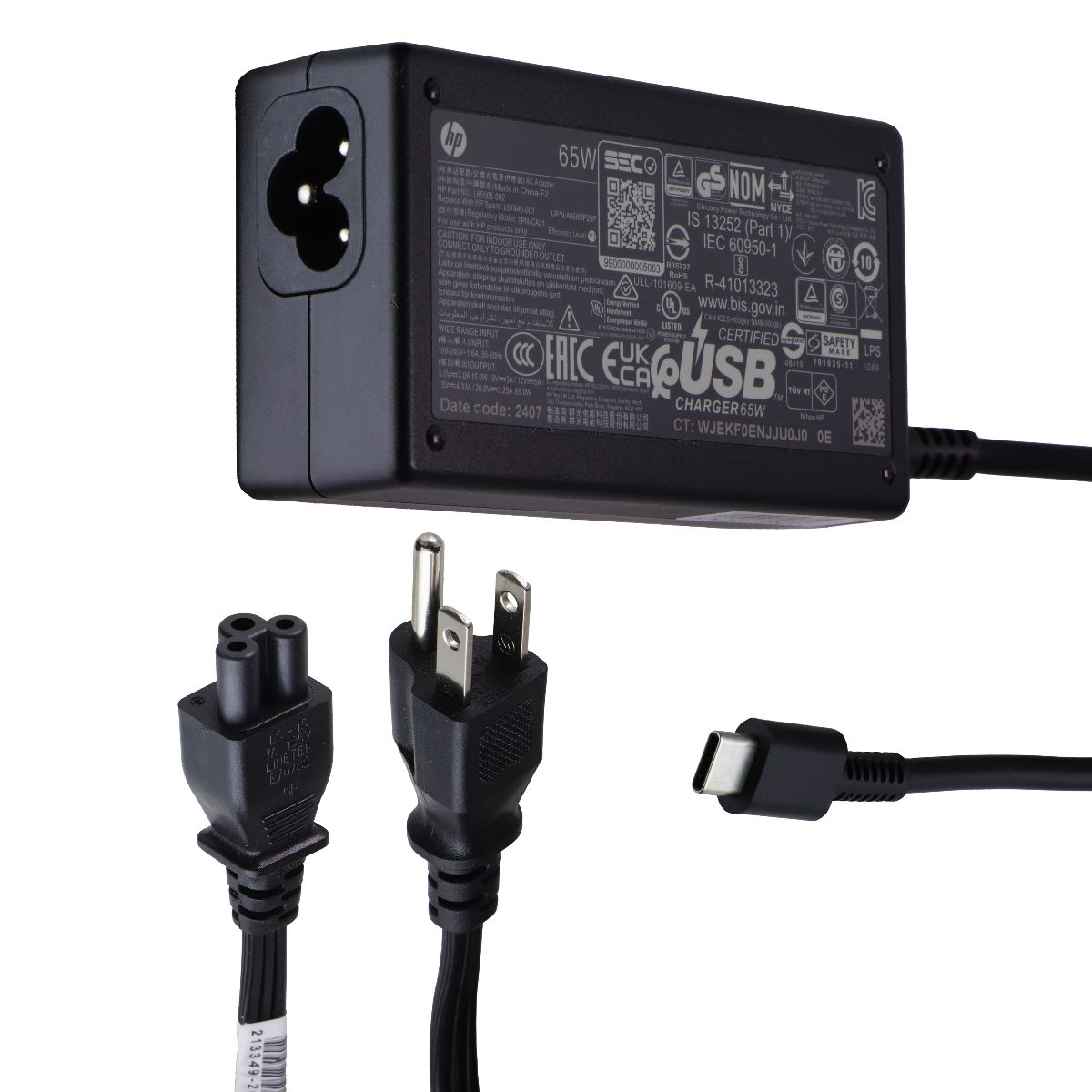 HP 65W (TPN-CA21) USB-C AC Adapter Laptop Power Supply - Black Computer Accessories - Laptop Power Adapters/Chargers HP - Simple Cell Bulk Wholesale Pricing - USA Seller