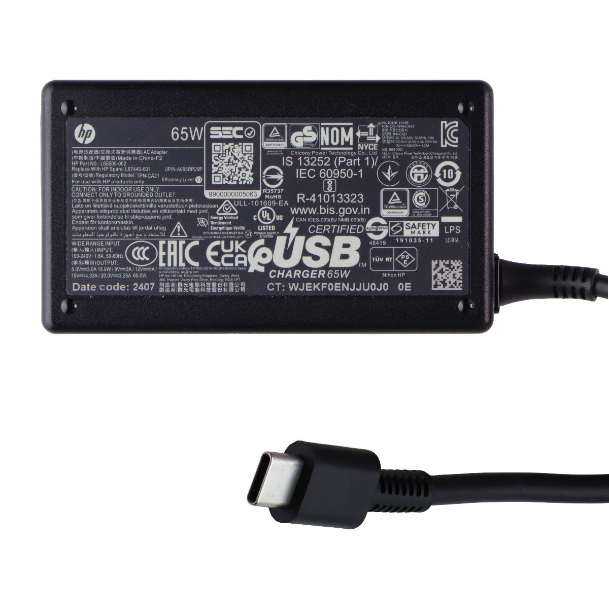 HP 65W (TPN-CA21) USB-C AC Adapter Laptop Power Supply - Black Computer Accessories - Laptop Power Adapters/Chargers HP - Simple Cell Bulk Wholesale Pricing - USA Seller