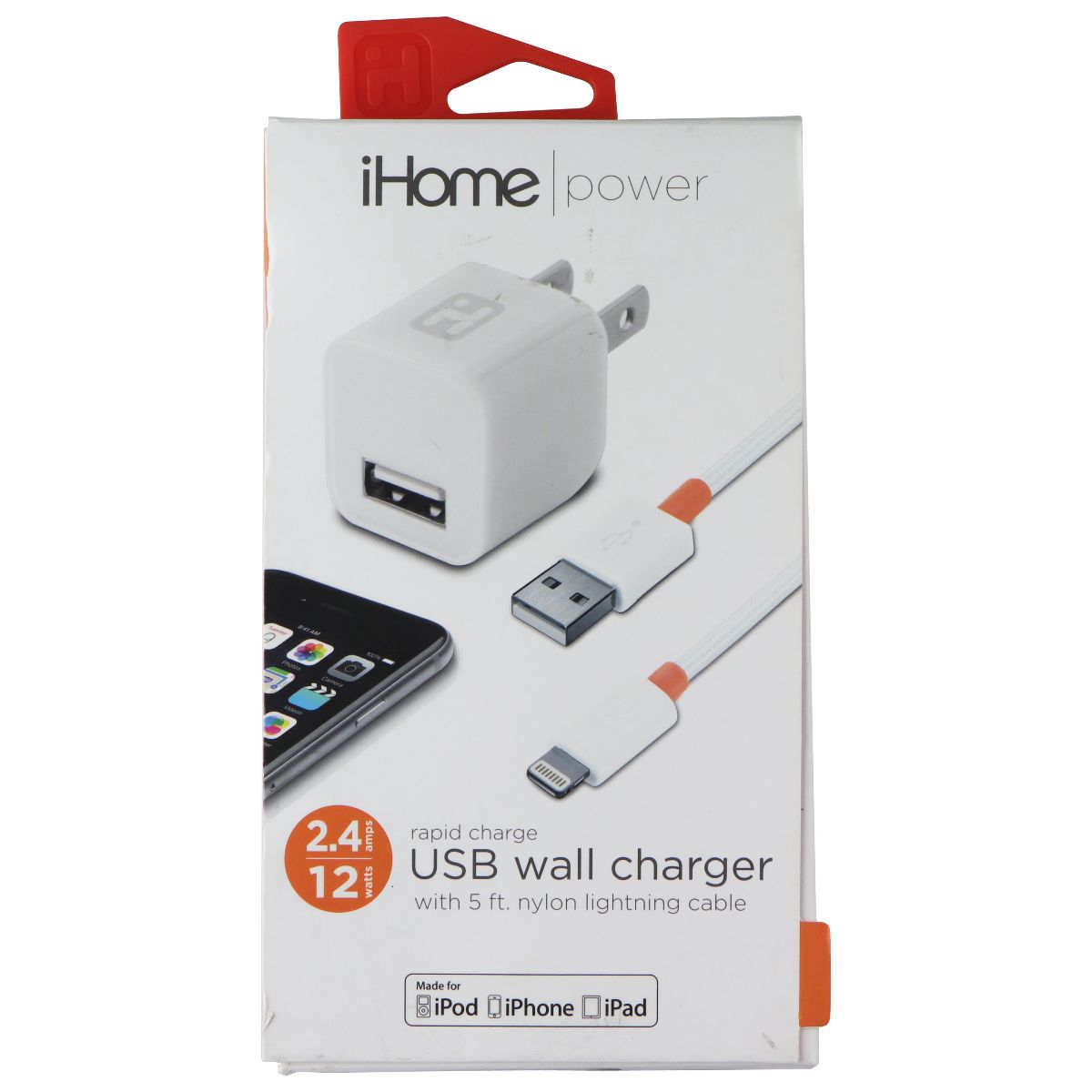 iHome (12W) Power USB Wall Charger with (5-Ft) Nylon 8-Pin Cable - White Cell Phone - Chargers & Cradles iHome - Simple Cell Bulk Wholesale Pricing - USA Seller