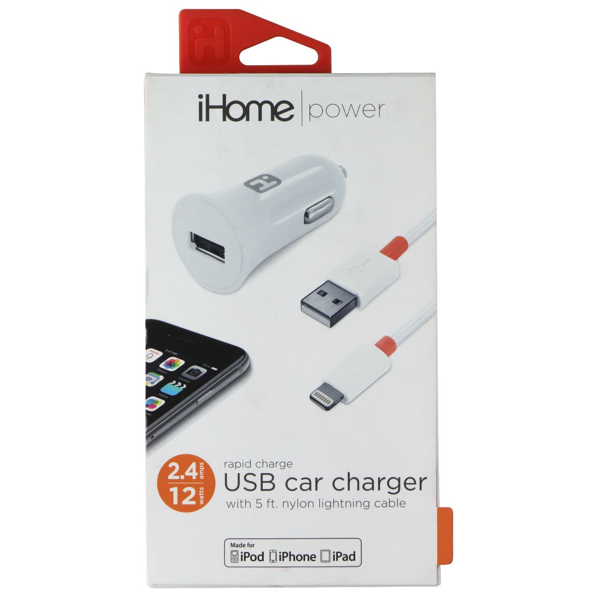 iHome Power 12W USB Car Charger with 5Ft Lightning 8-Pin Cable - White / Orange Cell Phone - Chargers & Cradles iHome - Simple Cell Bulk Wholesale Pricing - USA Seller