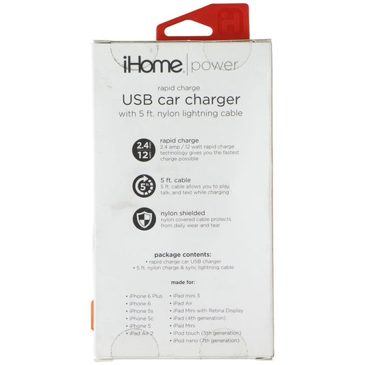 iHome Power 12W USB Car Charger with 5Ft Lightning 8-Pin Cable - White / Orange Cell Phone - Chargers & Cradles iHome - Simple Cell Bulk Wholesale Pricing - USA Seller