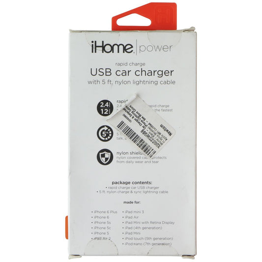 iHome Power 12W USB Car Charger with 5Ft Lightning 8-Pin Cable - Black / Orange Cell Phone - Chargers & Cradles iHome - Simple Cell Bulk Wholesale Pricing - USA Seller