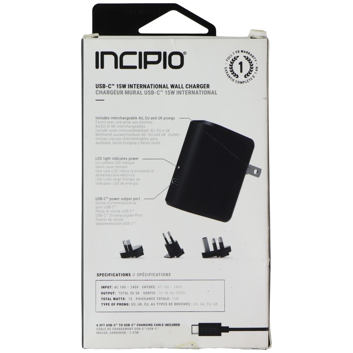 Incipio USB-C 15W International Wall Charger with 4.5-ft USB-C Cable - Black Cell Phone - Chargers & Cradles Incipio - Simple Cell Bulk Wholesale Pricing - USA Seller