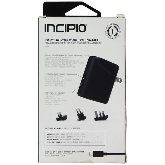 Incipio USB-C 15W International Wall Charger with 4.5-ft USB-C Cable - Black Cell Phone - Chargers & Cradles Incipio - Simple Cell Bulk Wholesale Pricing - USA Seller