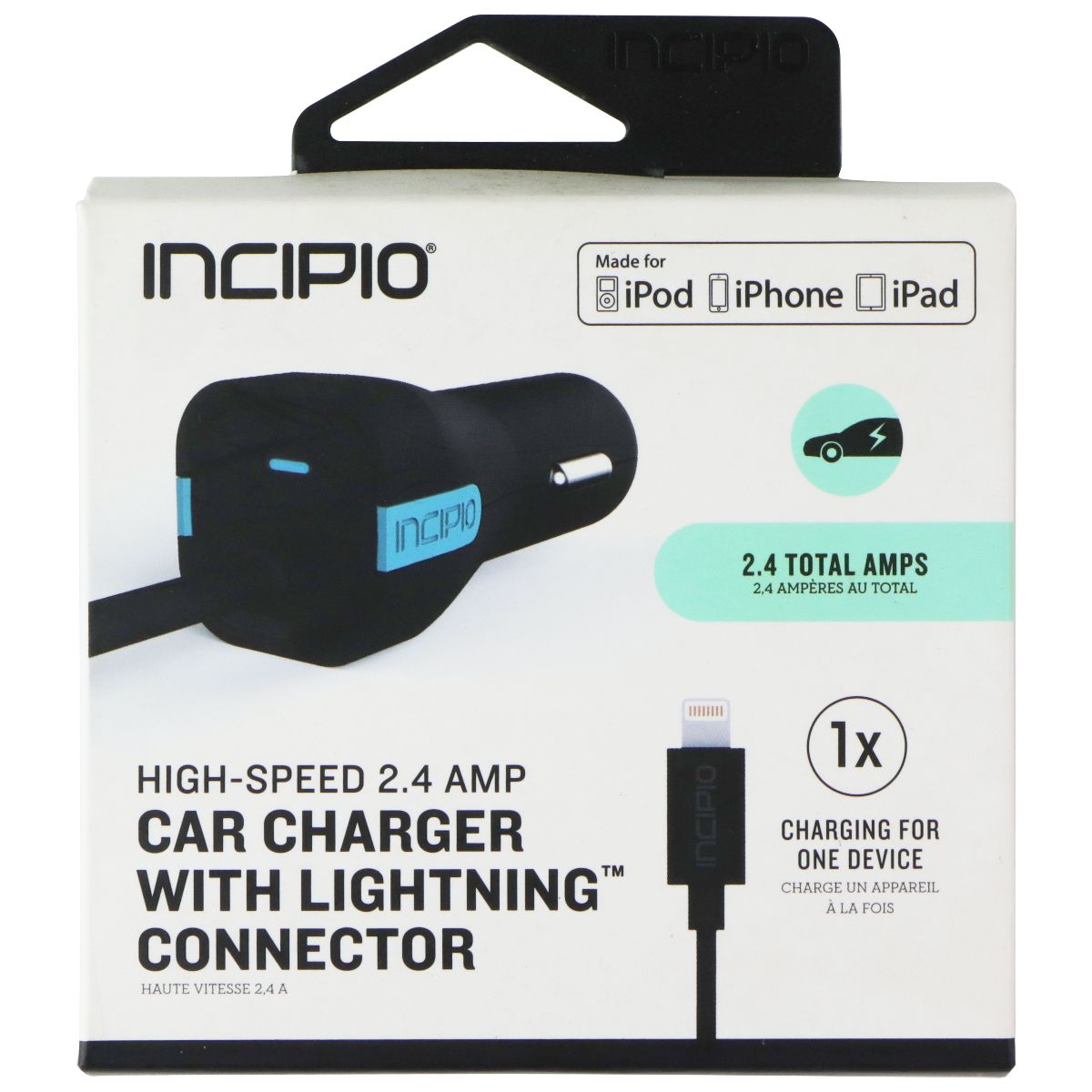 Incipio High Speed 2.4 AMP Car Charger with 8-Pin Connector - Black (PW-174) Cell Phone - Chargers & Cradles Incipio - Simple Cell Bulk Wholesale Pricing - USA Seller