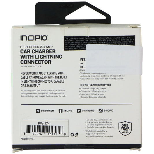 Incipio High Speed 2.4 AMP Car Charger with 8-Pin Connector - Black (PW-174) Cell Phone - Chargers & Cradles Incipio - Simple Cell Bulk Wholesale Pricing - USA Seller