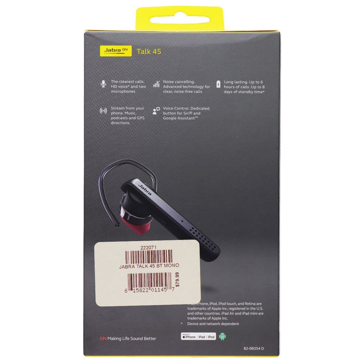 Jabra Talk 45 Wireless Bluetooth Single In-Ear Headset with Ear-Hook - Silver Cell Phone - Headsets Jabra - Simple Cell Bulk Wholesale Pricing - USA Seller