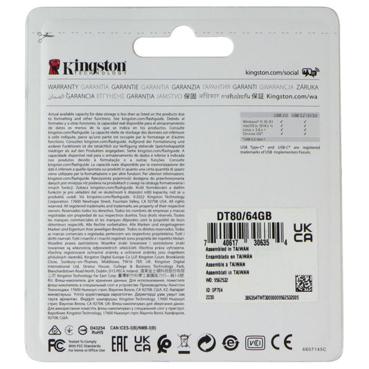 Kingston DataTraveler 80 (64GB) 200MB/s USB-C (USB 3.2) Flash Drive Digital Storage - USB Flash Drives Kingston - Simple Cell Bulk Wholesale Pricing - USA Seller