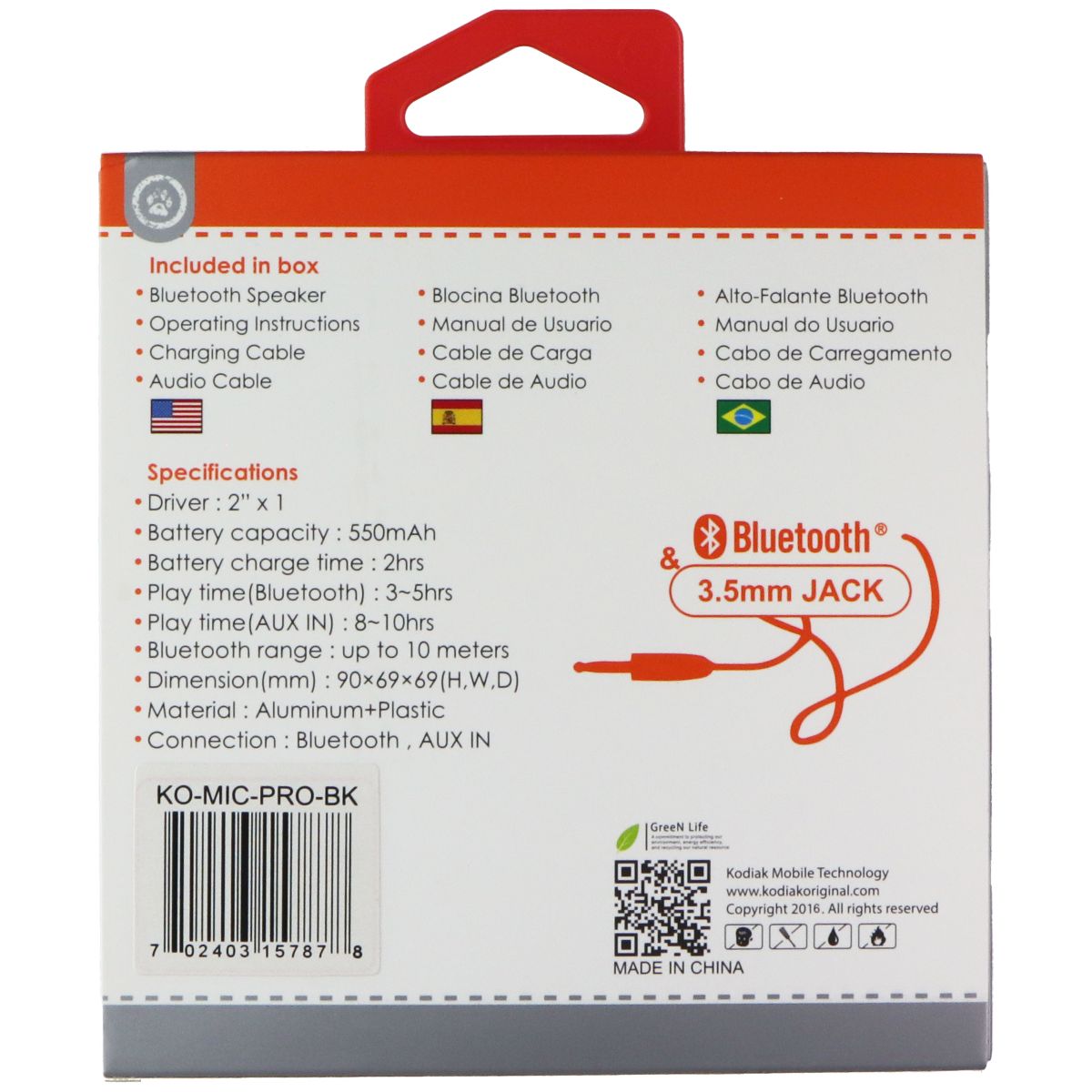 Kodiak (5W) micPRO Portable 3.5mm and Wireless Bluetooth Music Speaker - Black Cell Phone - Audio Docks & Speakers Kodiak - Simple Cell Bulk Wholesale Pricing - USA Seller