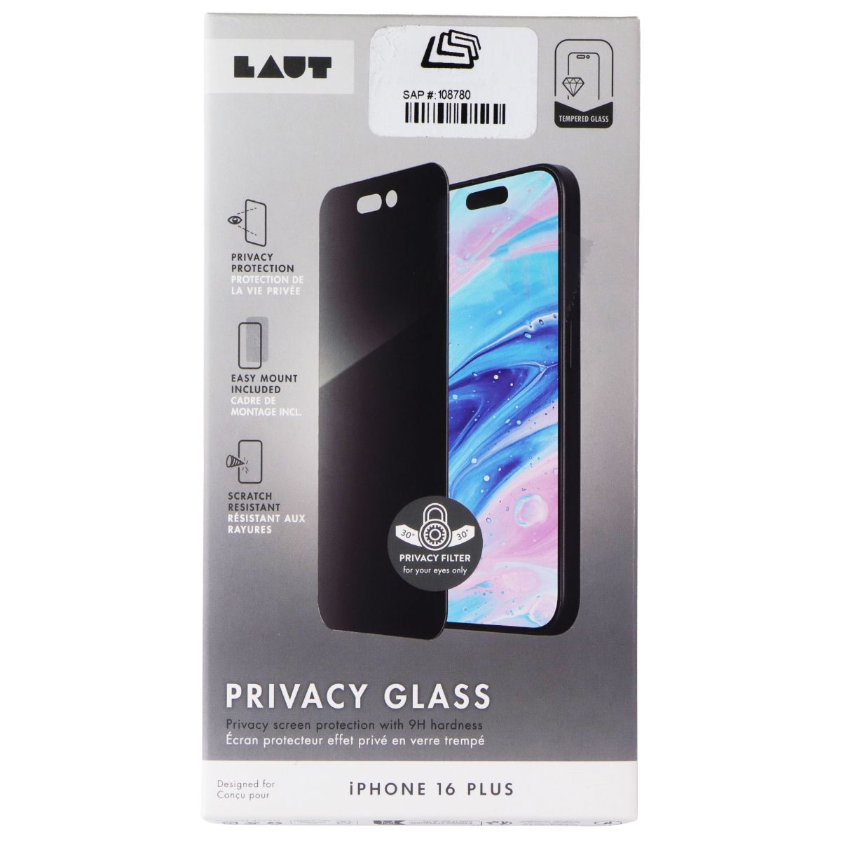 LAUT Privacy Glass Screen Protector for Apple iPhone 16 Plus - Dark Cell Phone - Screen Protectors Laut - Simple Cell Bulk Wholesale Pricing - USA Seller