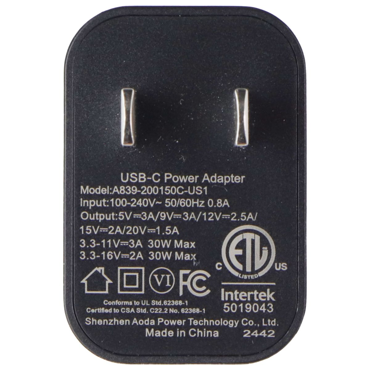 LBT (30W) Single Port USB-C Power Adapter - Black (A839-200150C-US1) Cell Phone - Cables & Adapters LBT - Simple Cell Bulk Wholesale Pricing - USA Seller