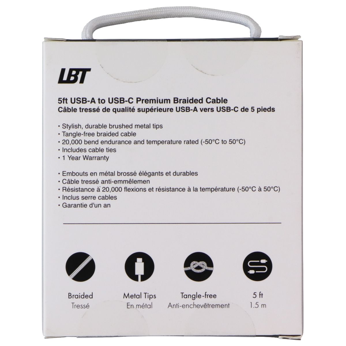 LBT (5-Foot) USB-A to USB-C Premium Braided Cable - White (LBTWT0501) Cell Phone - Cables & Adapters LBT - Simple Cell Bulk Wholesale Pricing - USA Seller