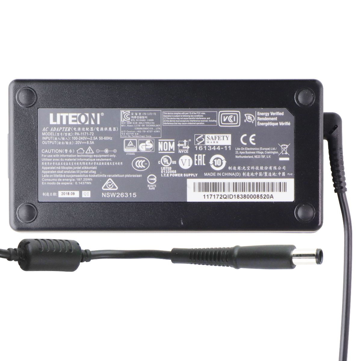 LITEON (20V/8.5A) AC Adapter Power Supply - Black (PA-1171-72) Multipurpose Batteries & Power - Multipurpose AC to DC Adapters Lite-On - Simple Cell Bulk Wholesale Pricing - USA Seller