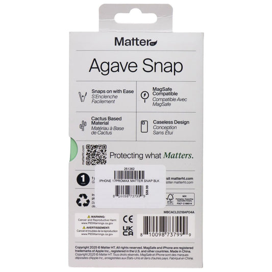 Matter Agave Snap Cover for MagSafe for Apple iPhone 17 Pro Max - Carbon Black Cell Phone - Cases, Covers & Skins Matter - Simple Cell Bulk Wholesale Pricing - USA Seller