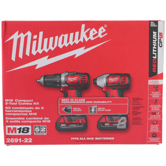 Milwaukee M18 18V Cordless Drill/Impact Driver Kit w/ 2 Batteries & Bag 2691-22
