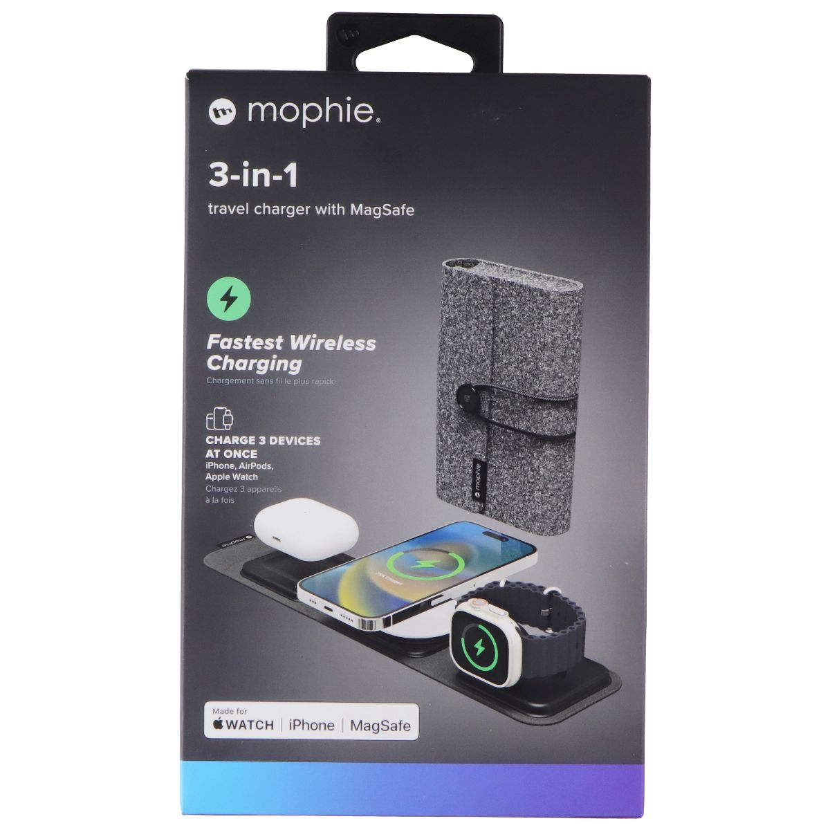 Mophie 3-in-1 Tri-Fold Travel Charger Pad with MagSafe for Apple - Black (Gen 1) Cell Phone - Chargers & Cradles Mophie - Simple Cell Bulk Wholesale Pricing - USA Seller