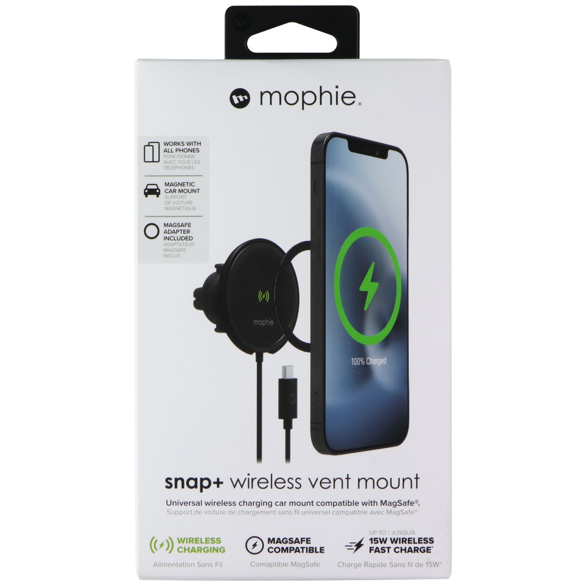 mophie Snap+ Wireless Vent Mount Universal Charger - Black