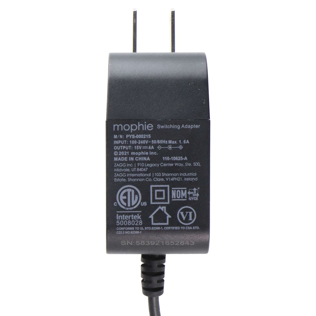 Mophie Switching Adapter Wall Charger 15V / 4A (PYS-000215) - Black Multipurpose Batteries & Power - Multipurpose AC to DC Adapters Mophie - Simple Cell Bulk Wholesale Pricing - USA Seller