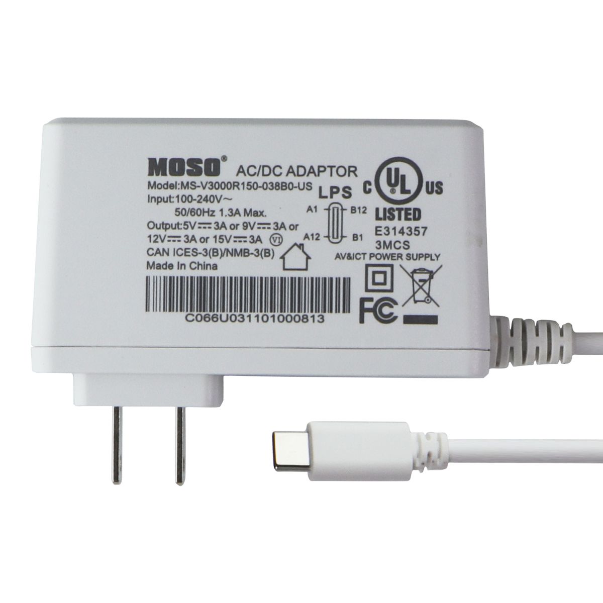 MOSO MSV3000R150-038BO-US USB-C (5V/3A) AC/DC Adaptor - White Cell Phone - Cables & Adapters MOSO    - Simple Cell Bulk Wholesale Pricing - USA Seller