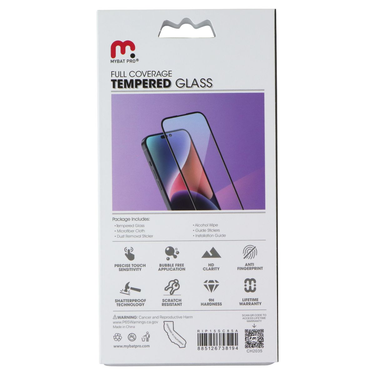 MyBat Pro Full Coverage Tempered Glass for Apple iPhone 15 Cell Phone - Screen Protectors MyBat Pro - Simple Cell Bulk Wholesale Pricing - USA Seller