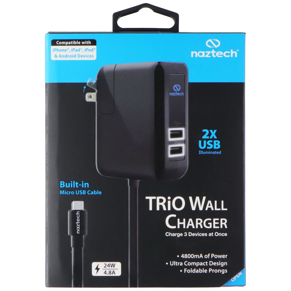 Naztech TRiO Wall Charger w/ 2x USB A ports and Built-in Micro-USB Cable - Black Cell Phone - Chargers & Cradles Naztech - Simple Cell Bulk Wholesale Pricing - USA Seller